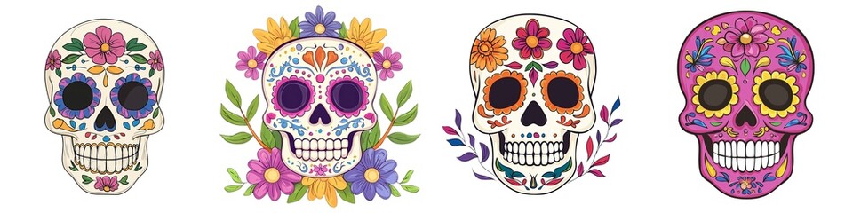 Colorful decorative skulls with floral patterns on a white isolated background.