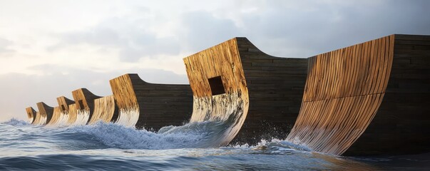 A series of wooden wave breakers on a coastal protection project, artistically designed to mimic the natural forms and provide habitat for marine life