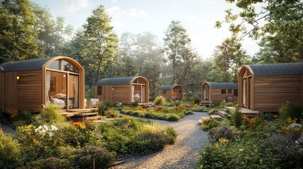 A series of wooden tiny homes clustered around a communal garden, each uniquely designed but harmoniously styled
