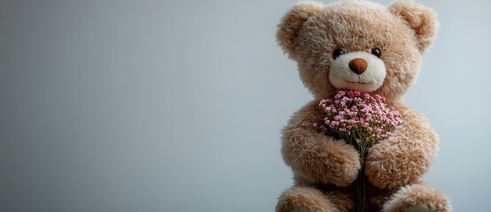 Fototapeta premium a teddy bear holding a bouquet of flowers. 