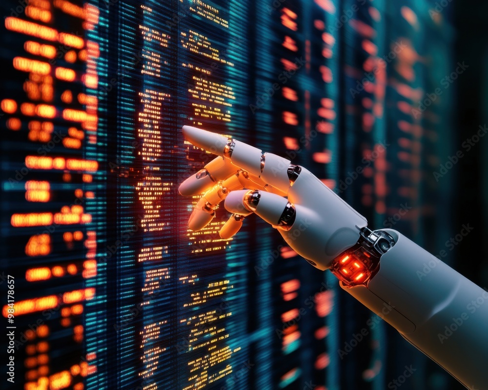 Poster future of financial compliance: robotic hands auditing data on multiple screens with rpa technology