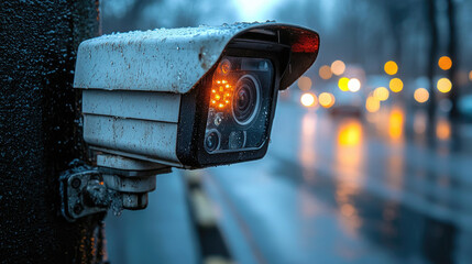 A surveillance camera watches over a bustling city street filled with cars as evening rain creates reflections and enhances the urban atmosphere