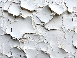 Obraz premium Close-up of cracked white paint on a textured wall, showcasing the peeling layers and unique patterns of decay.