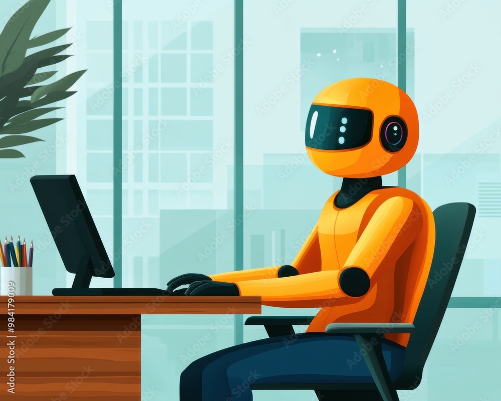 Poster efficiency unleashed: robotic workers streamlining data entry in a futuristic corporate office, show