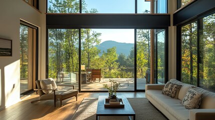 A Modern Living Room with Large Windows Overlooking a Forest
