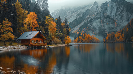 Fototapeta premium A log cabin by the lake in the mountains, with autumn colors, on a rainy day. with a forest and mountains, cozy atmosphere. Generative AI.
