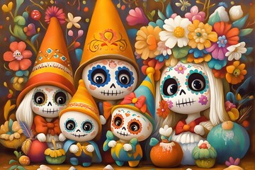 Fototapeta premium Vibrant Day of the Dead with Whimsical Gnome Figures and Colorful Sugar Skull Makeup