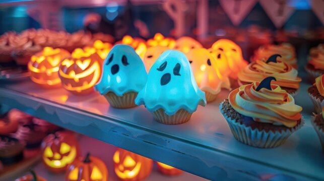 Front view of Halloween pastries like glowing ghost pies and neon pumpkin cupcakes in a witch s bakery, cybernetic tone, Complementary Color Scheme