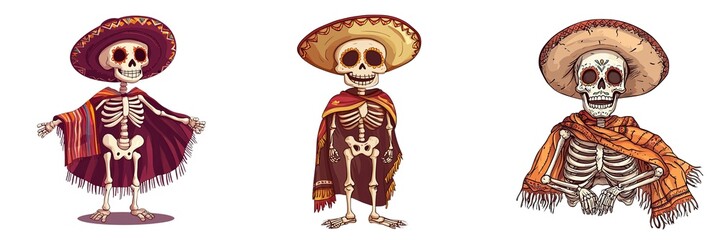 Three colorful skeletons in traditional outfits with sombreros, white isolate background.