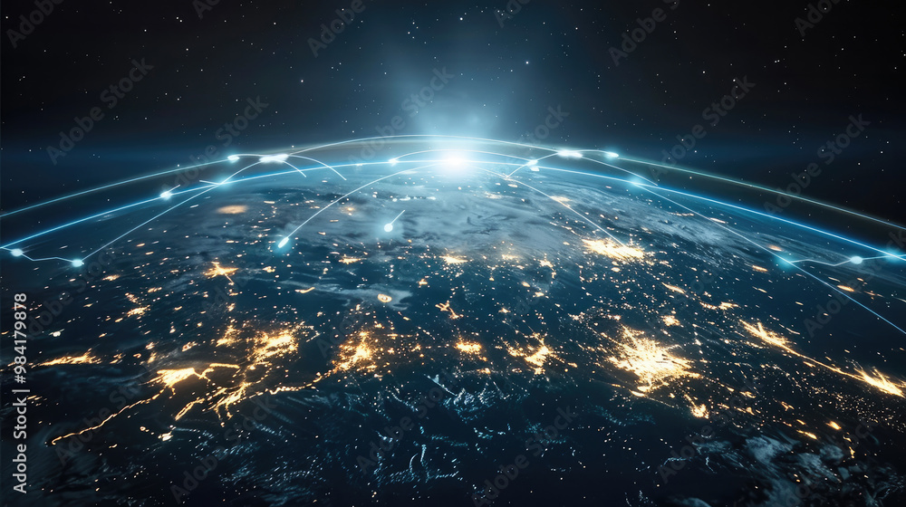 Poster The Earth is surrounded by a network grid. Internet coverage on Earth, space technology. Generative AI.