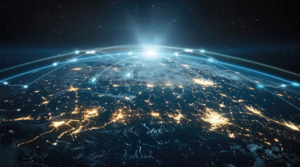 The Earth is surrounded by a network grid. Internet coverage on Earth, space technology. Generative AI.