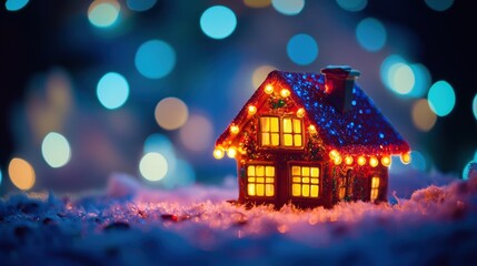 Naklejka premium Seasonal house decorated with bright festive lights in a soft-focus background creating a warm and inviting atmosphere of holiday cheer