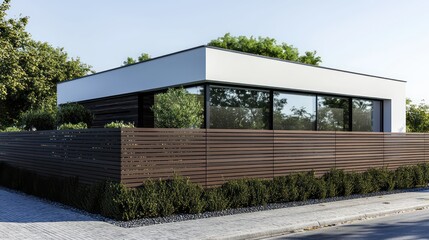 A sleek, minimalist wooden fence around a modern home, offering privacy without sacrificing style