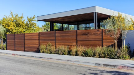 Obraz premium A sleek, minimalist wooden fence around a modern home, offering privacy without sacrificing style