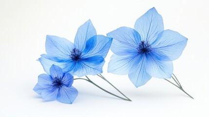 Surreal macro shot of three unique exotic blue flowers on a bright white background Vibrant and artistic design element