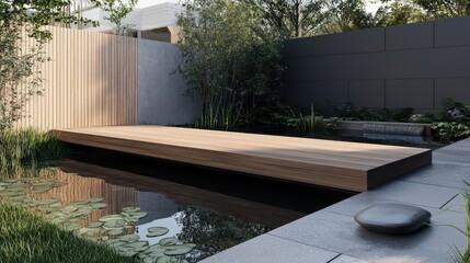 A sleek wooden bridge over a small backyard pond, designed with clean lines and a minimalist aesthetic