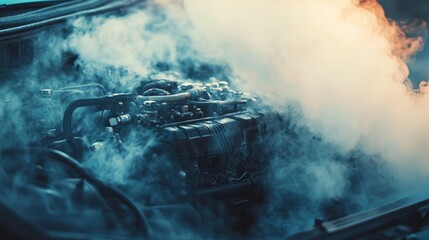 Obraz premium close-up of an automobile engine overheating. smoke coming from the car engine. steam or smoke coming from a car's engine 