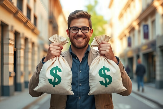 happy man with glasses holding two money bags in the street
