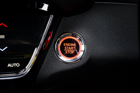 Close up engine car start button. Start stop engine modern new car button,Makes it easy to turn your auto mobile on and off. a key fob unique ,selective focus