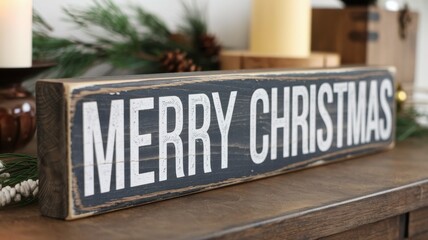 Obraz premium Rustic Merry Christmas Sign Decor on Wooden Table