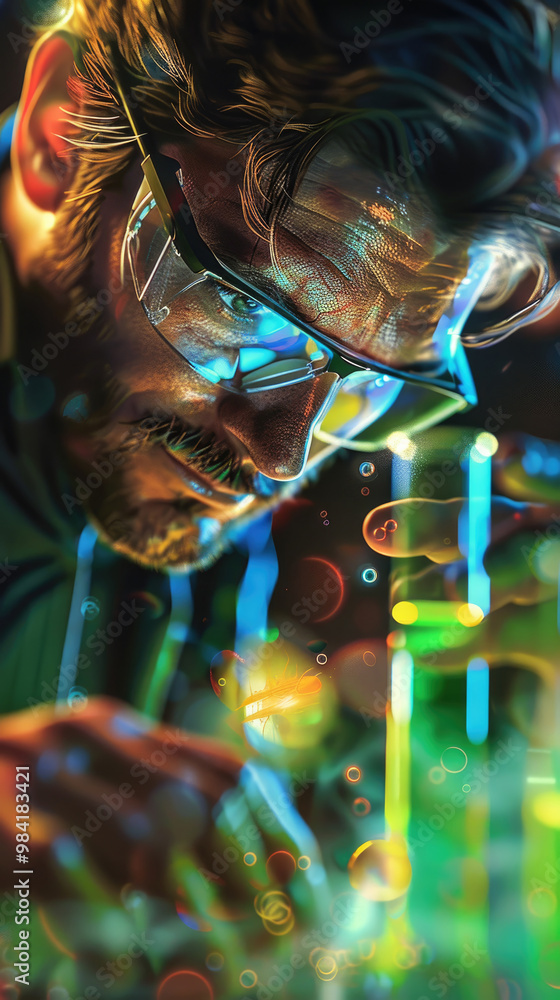Poster a dedicated scientist focuses intently on experiments involving colorful liquids and glassware, illu
