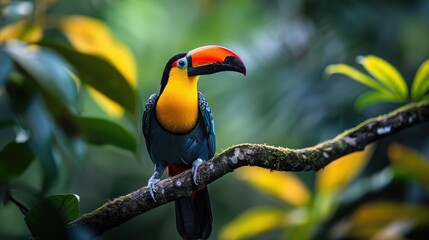 Fototapeta premium Colorful toucan perched on a tree branch surrounded by lush tropical foliage in a vibrant rainforest setting.
