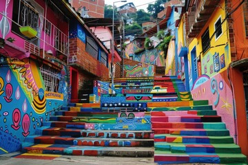 Obraz premium Kolorowa, miejska sztuka uliczna na schodach tętniącej życiem dzielnicy, prezentująca kreatywność i kulturę poprzez malowane murale i wzory.