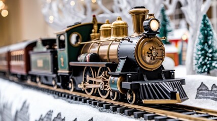 Decorative Vintage Train on Tracks with Festive Backdrop