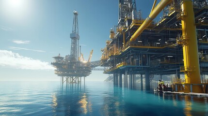 A massive offshore oil rig under a bright, clear sky