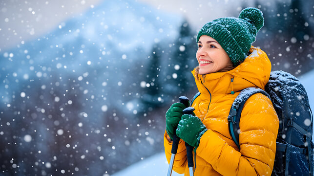 Happy smiling woman in yellow jacket and green hat with a backpack and hiking poles enjoying a winter hike in the mountains. Active lifestyle. Copy space. - Powered by Adobe