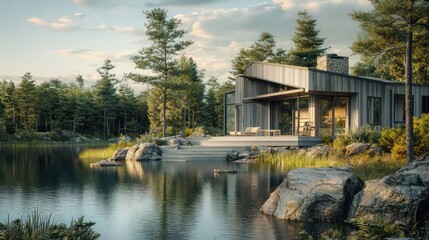 Obraz premium A sustainable fishing lodge on a secluded lake, using weathered fiber cement siding to mimic the surrounding trees and rocks, blending eco-design with functionality