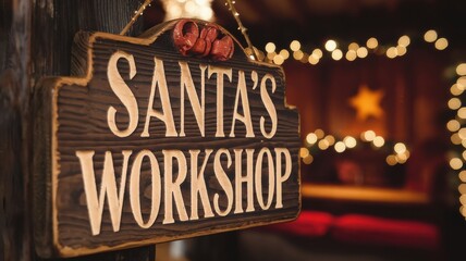 Santa's Workshop Sign with Festive Lights Background