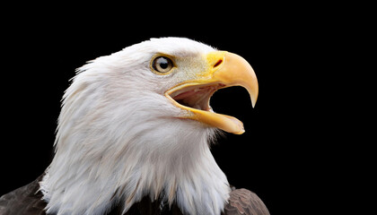 Obraz premium Close, detailed photograph of an adult Screaming Bald American Eagle against a black backdrop