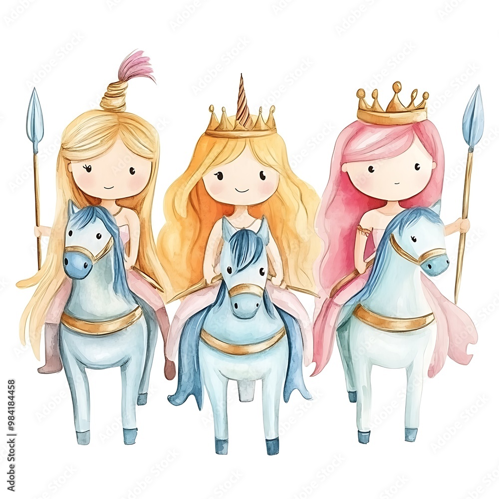 Wall mural Watercolor Illustration of Three Cute Princesses Riding Horses.