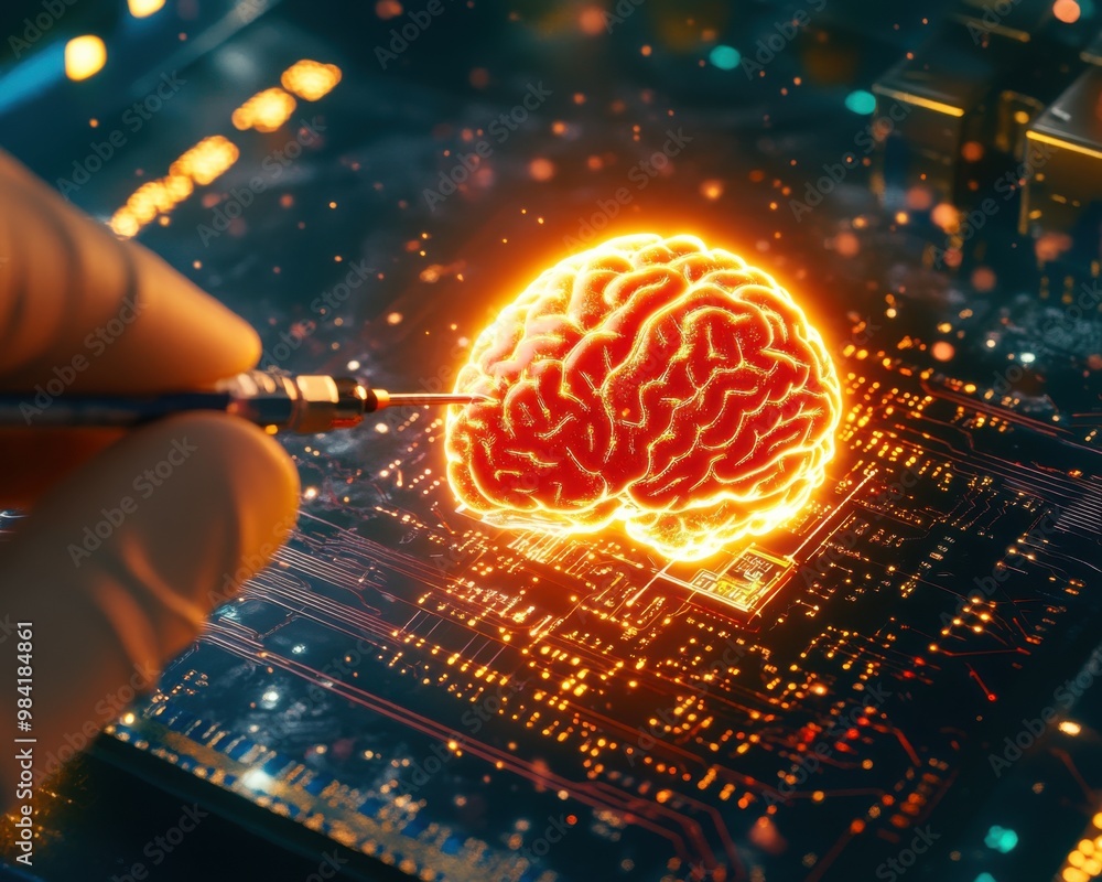Poster futuristic implantation of ai brain chip in high-tech setting with glowing circuits and surgical too