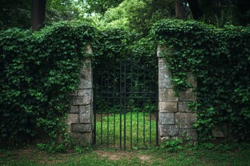 Obraz premium A serene entryway through stone pillars covered in lush ivy, leading into a vibrant, green garden.