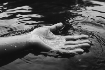A close-up of a hand reaching out over water, creating gentle ripples, in a serene black-and-white setting.