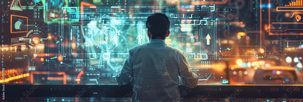 Poster a man with glasses closely examines multiple digital data streams displayed on screens, deeply engag