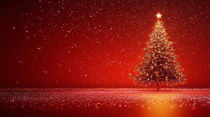 Elegant Christmas Tree in Golden and Silver Lights on Vibrant Red Background for Holiday Social Post
