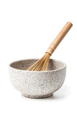 A Japanese tea whisk in a ceramic bowl, minimalist zen style, realistic texture, soft shadows, isolated on white background