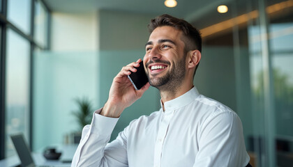 Cheerful handsome young Arabian CEO man in white clothes talking on cellphone in office boardroom, looking away with toothy smile, laughing, making call, enjoying communication, business success 