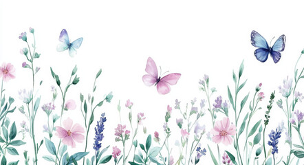 Watercolor wild flowers and butterflies border design on a white background, using pastel colors.