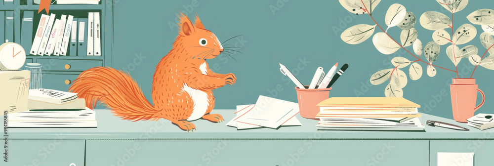 Poster a squirrel inspects a tidy desk cluttered with stationery items and a potted plant, under warm sunli