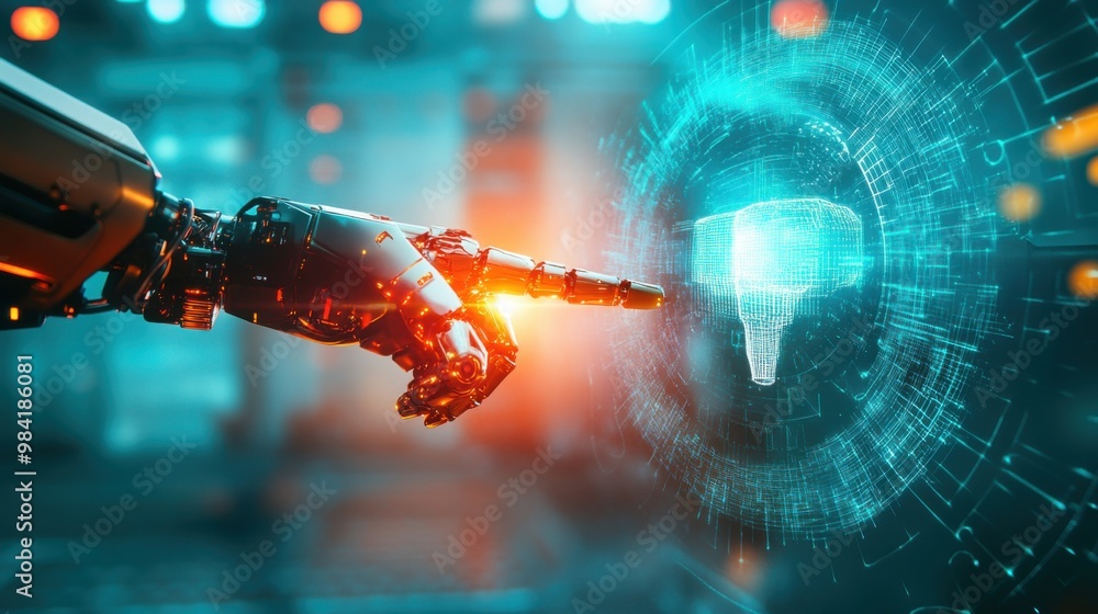 Poster assembling futuristic spacecraft with ai-powered robotic arms in advanced hangar with glowing hologr