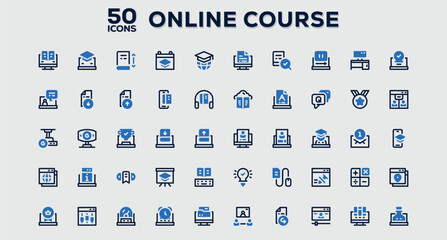 Set of 50 outline icons related to Online Course. Linear icon collection. Editable stroke. Vector illustration