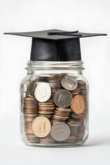 Graduation cap on a jar of coins, symbolizing savings for education.