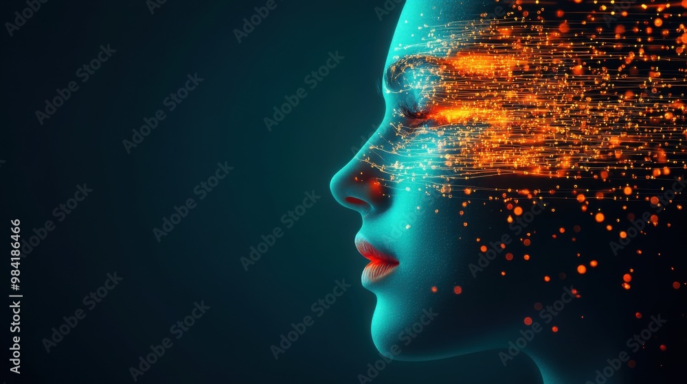 Poster digital symphony of consciousness: ai integration into human mind, glowing neural pathways and data 