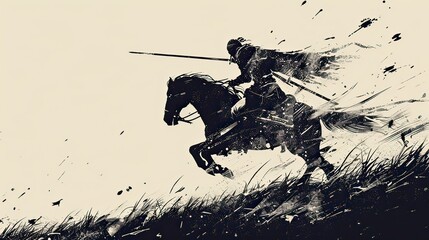 Tevbot galloping at full speed on his horse, the scout sword drawn, racing to save a group of villagers. 