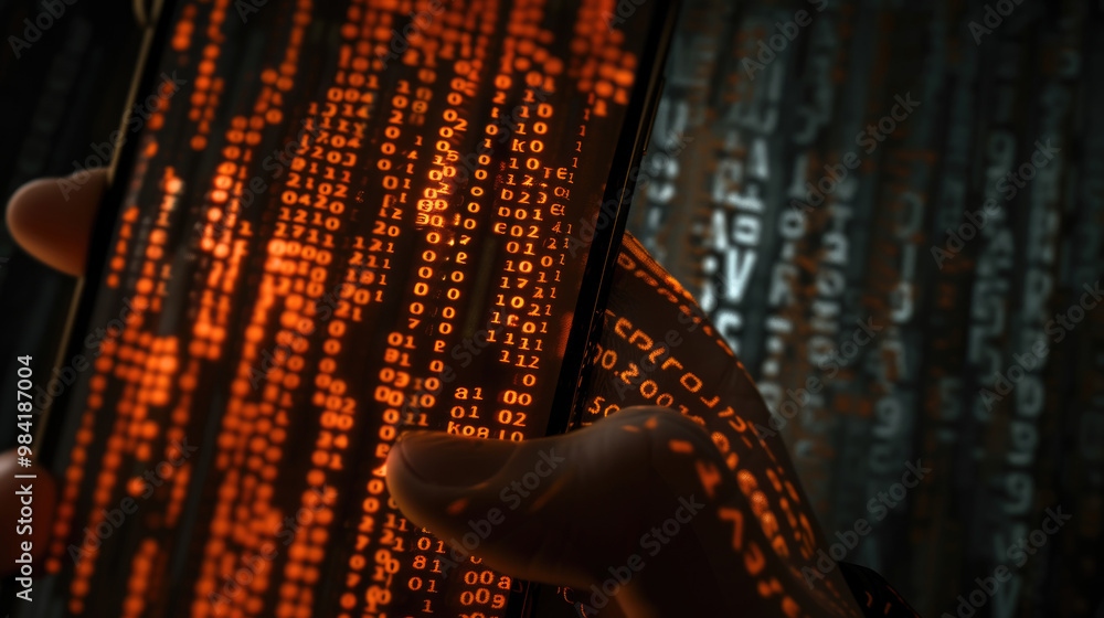 Poster hand holds a smartphone as vibrant binary code cascades down the screen, showcasing the intricacies 