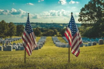 Two American flags standing side by side at a military cemetery, with rows of white gravestones